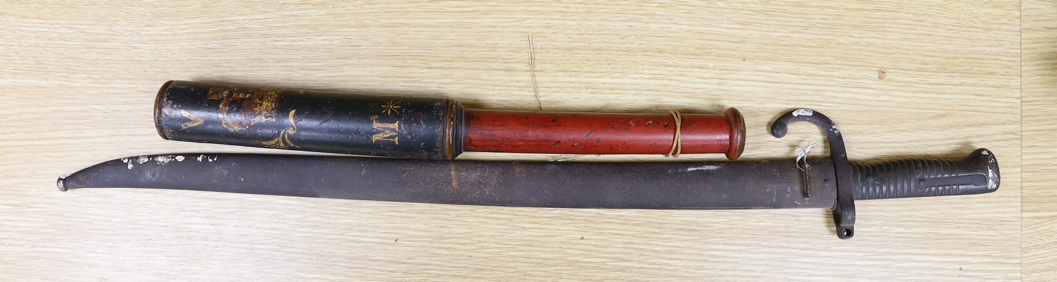 A Victorian Metropolitan police truncheon and a bayonet, truncheon 43 cms long